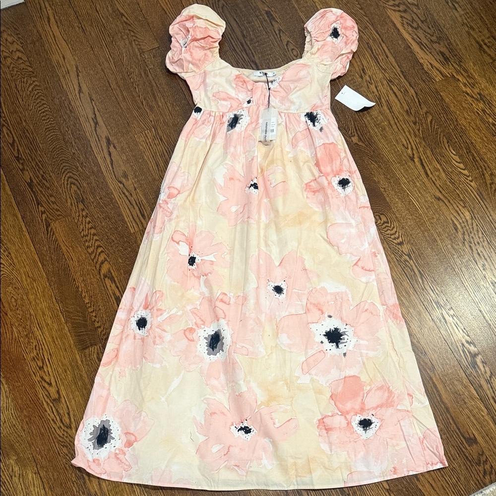 Midi Floral Square-Neck Dress in Peach Pink